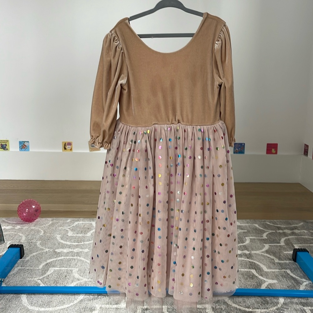 Tan Velvet Dress with Tule Shirt and colorful dots